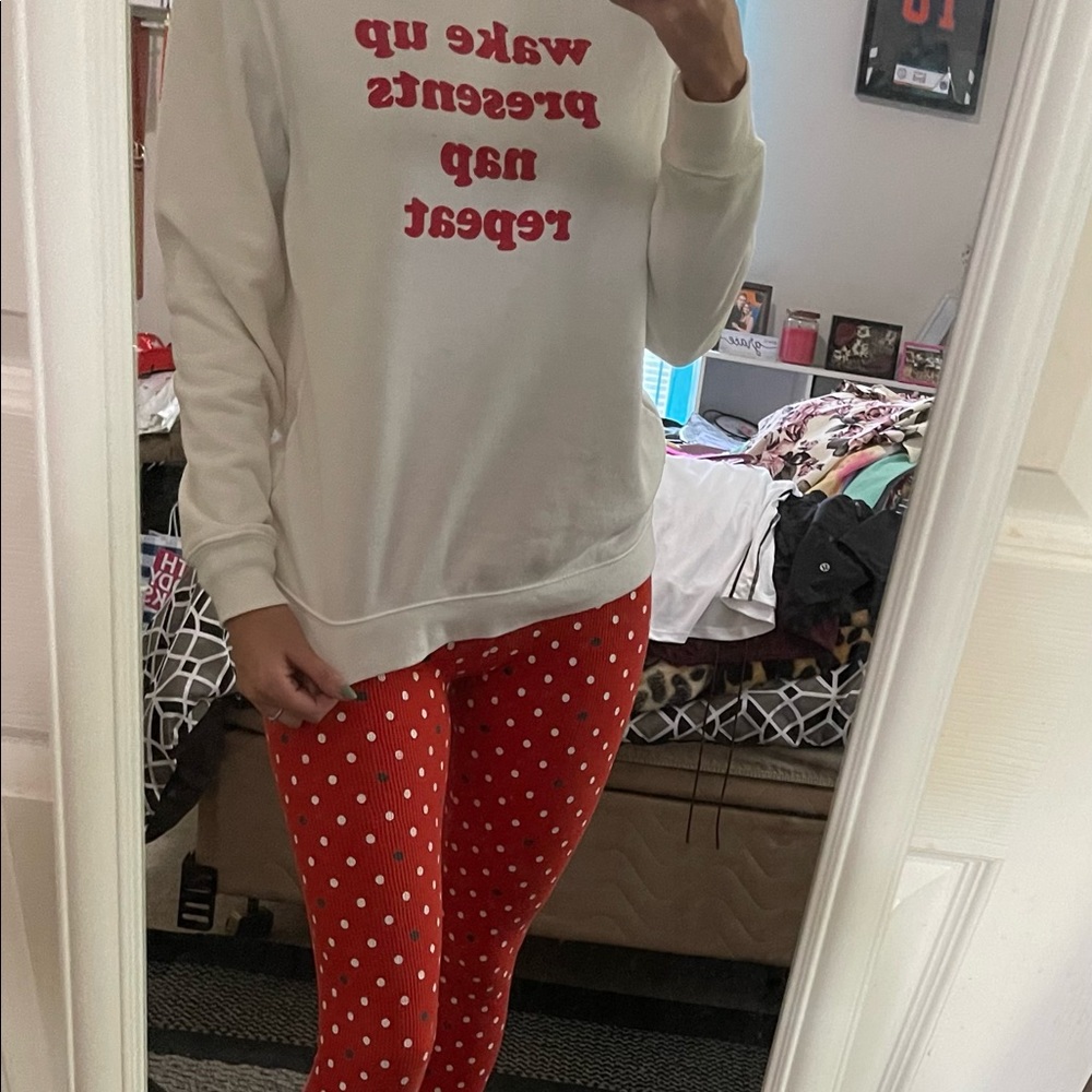 Old Navy Christmas Pajamas Set White Top with Red Polka Dot Bottoms